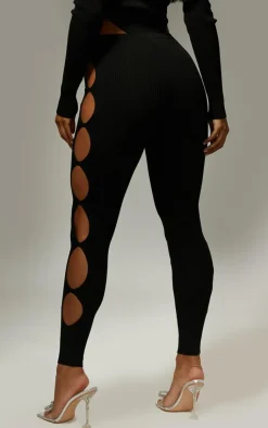 Sale PrettyLittleThing Cut Out Rib Knit Leggings Black