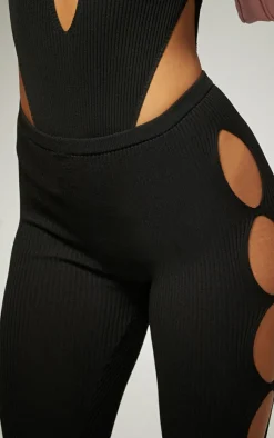 Sale PrettyLittleThing Cut Out Rib Knit Leggings Black