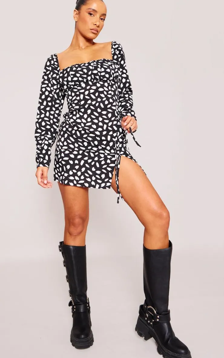 Dalmatian Print Bow Detail Side Split Bodycon Dress-PrettyLittleThing Best