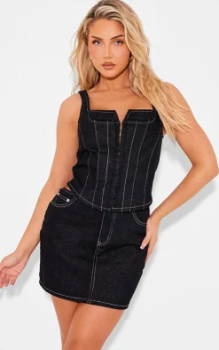 Best PrettyLittleThing Denim Contrast Stitch Mini Skirt Black