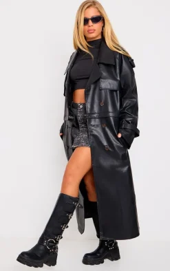 PrettyLittleThing Trench Coats*Detachable Hem Faux Leather Trench Coat
