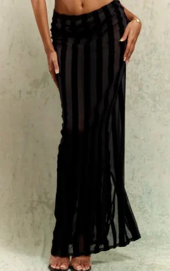 Black Devore Mesh Striped Maxi Skirt