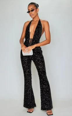 Devore Plunge Tie Detail Flared Jumpsuit-PrettyLittleThing Clearance