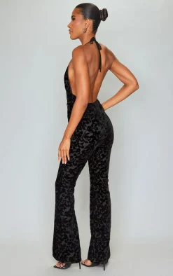 Devore Plunge Tie Detail Flared Jumpsuit-PrettyLittleThing Clearance