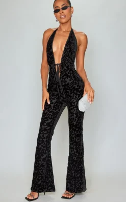 Devore Plunge Tie Detail Flared Jumpsuit-PrettyLittleThing Clearance