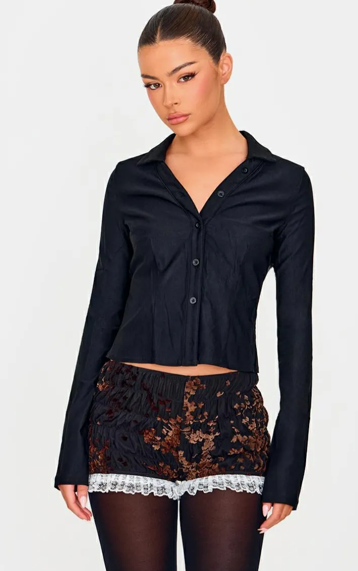 Black Devore Ruched Frill Hem Bloomers