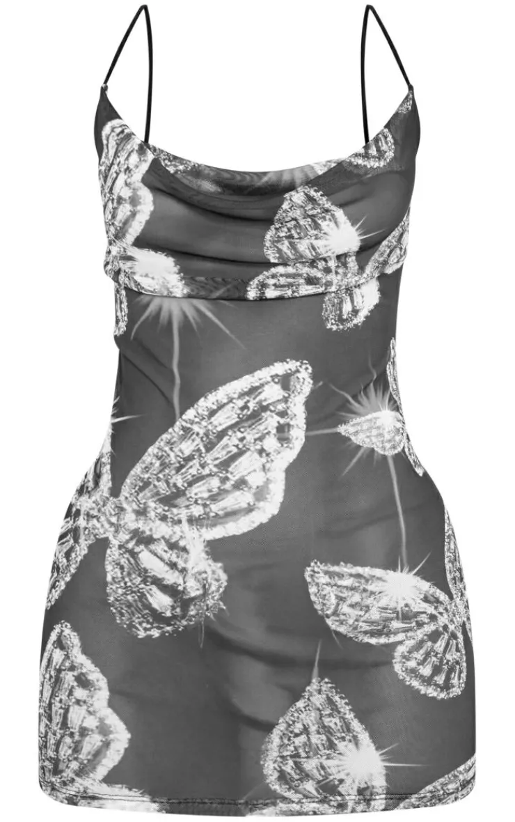 Diamante Butterfly Print Mesh Bodycon Dress-PrettyLittleThing Discount