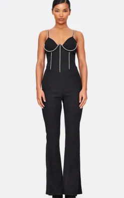 Diamante Corset Detail Flared Strappy Jumpsuit-PrettyLittleThing Sale