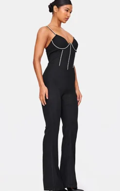 Diamante Corset Detail Flared Strappy Jumpsuit-PrettyLittleThing Sale