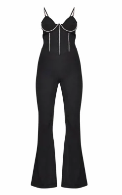 Diamante Corset Detail Flared Strappy Jumpsuit-PrettyLittleThing Sale