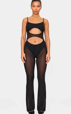 Diamante Hot Fix Mesh Cut Out Strappy Jumpsuit-PrettyLittleThing Best