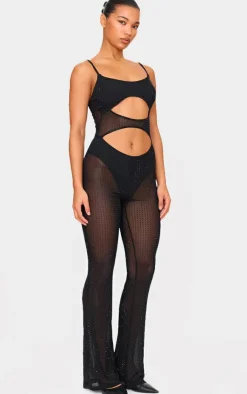 Diamante Hot Fix Mesh Cut Out Strappy Jumpsuit-PrettyLittleThing Best