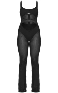 Diamante Hot Fix Mesh Cut Out Strappy Jumpsuit-PrettyLittleThing Best