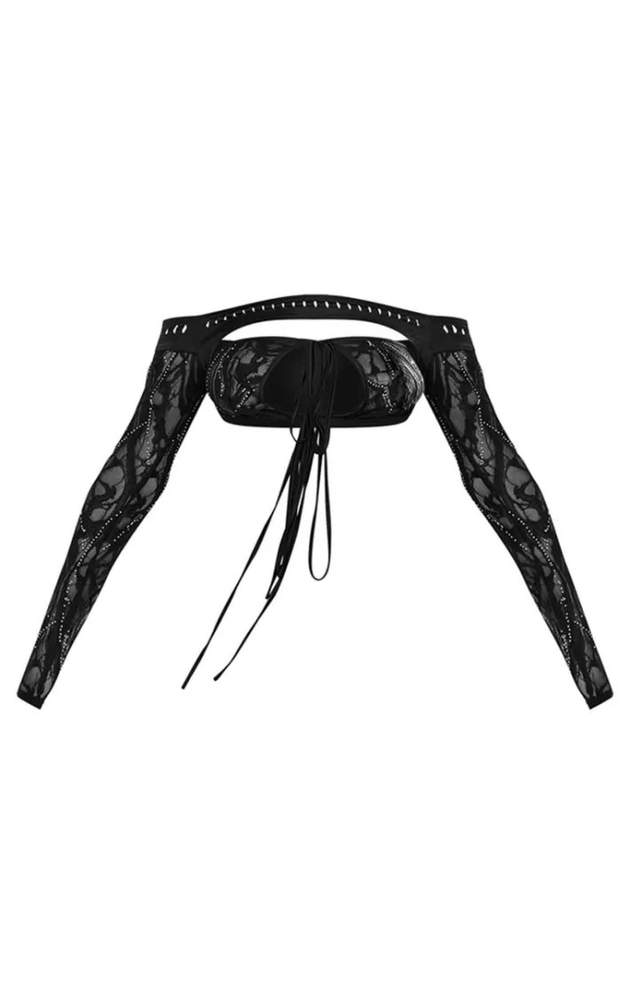 Black Diamante Lace Cut Out Long Sleeve Crop Top