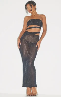 Diamante Mesh Cut Out Bandeau Maxi Dress-PrettyLittleThing Online