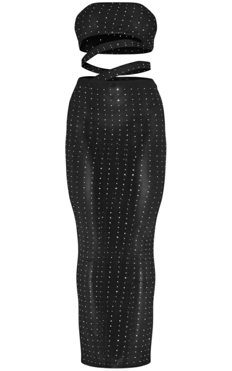 Diamante Mesh Cut Out Bandeau Maxi Dress-PrettyLittleThing Online