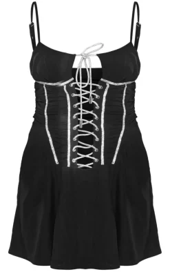 Diamante Rope Lace Up Mesh Ruched Bodycon Dress-PrettyLittleThing Sale