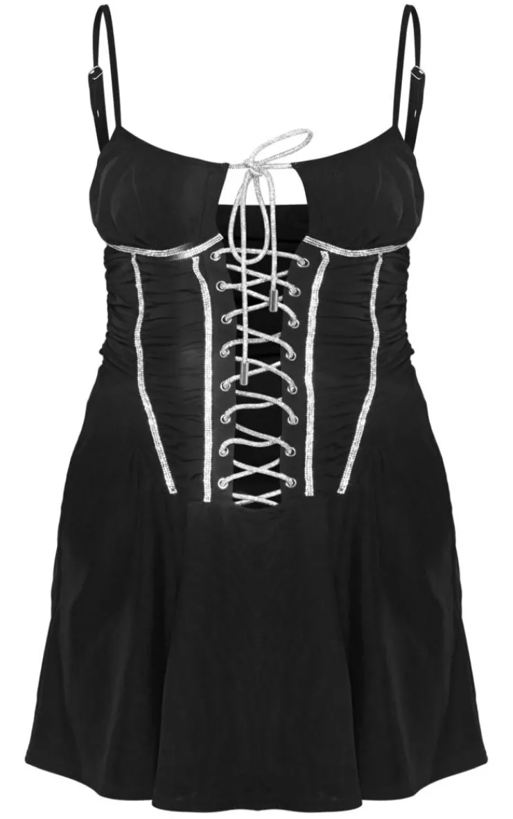 Diamante Rope Lace Up Mesh Ruched Bodycon Dress-PrettyLittleThing Sale