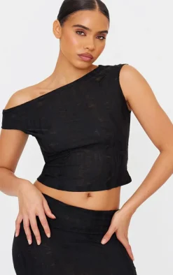 Discount PrettyLittleThing Distressed Asymmetric Top Black