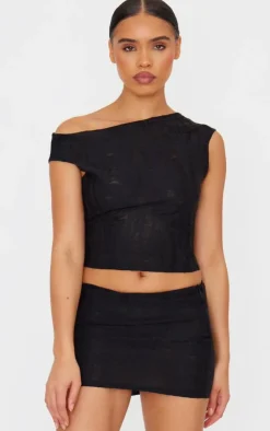 Hot PrettyLittleThing Distressed Asymmetric Micro Mini Skirt Black