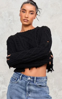 PrettyLittleThing Sweaters*Distressed Cable Knit Button Detail Cropped Sweater