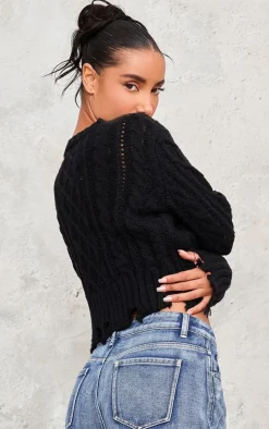 PrettyLittleThing Sweaters*Distressed Cable Knit Button Detail Cropped Sweater