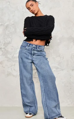 PrettyLittleThing Sweaters*Distressed Cable Knit Button Detail Cropped Sweater