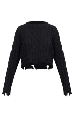 PrettyLittleThing Sweaters*Distressed Cable Knit Button Detail Cropped Sweater