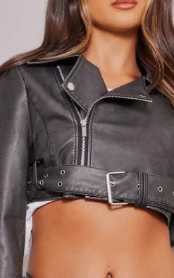PrettyLittleThing Faux Leather Jackets*Distressed Faux Leather Super Cropped Belted Biker Jacket