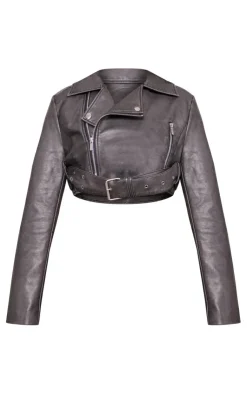 PrettyLittleThing Faux Leather Jackets*Distressed Faux Leather Super Cropped Belted Biker Jacket