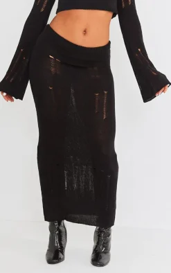 Hot PrettyLittleThing Distressed Ladder Knit Maxi Skirt Black