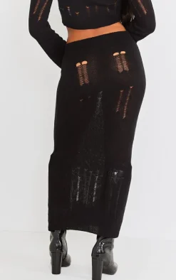 Hot PrettyLittleThing Distressed Ladder Knit Maxi Skirt Black