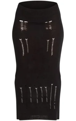 Hot PrettyLittleThing Distressed Ladder Knit Maxi Skirt Black