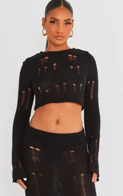 New PrettyLittleThing Distressed Ladder Knit Long Sleeve Top Black