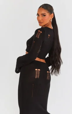 New PrettyLittleThing Distressed Ladder Knit Long Sleeve Top Black