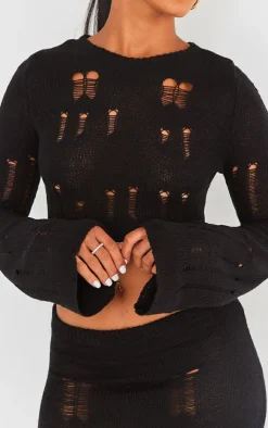 New PrettyLittleThing Distressed Ladder Knit Long Sleeve Top Black
