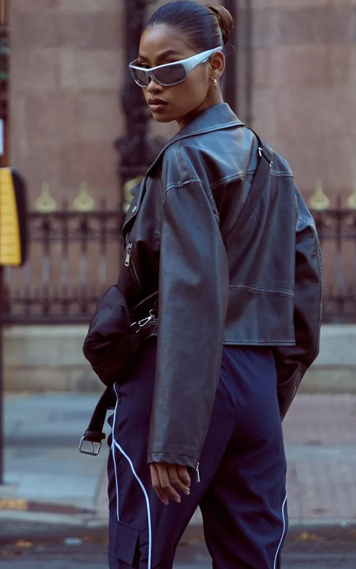 Black Distressed Look Oversized Belted Hem Biker Jacket