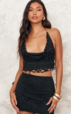 New PrettyLittleThing Distressed Overlay Cowl Neck Top Black