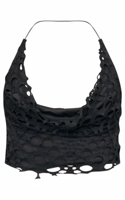 New PrettyLittleThing Distressed Overlay Cowl Neck Top Black