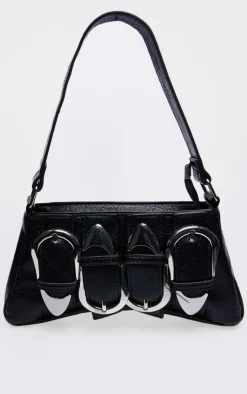PrettyLittleThing Shoulder Bags*Distressed PU Buckle Baguette Shoulder Bag