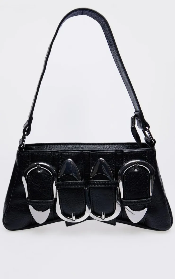 PrettyLittleThing Shoulder Bags*Distressed PU Buckle Baguette Shoulder Bag