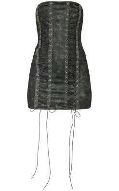 Distressed PU Lace Up Bandeau Bodycon Dress-PrettyLittleThing Hot