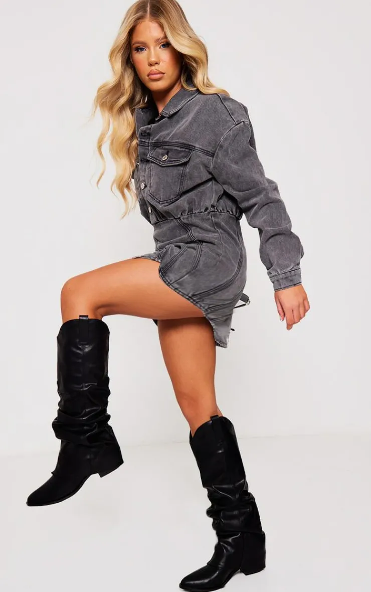 PrettyLittleThing Knee High Boots*Distressed PU Point Toe Fold Over Heeled Knee Western Boots