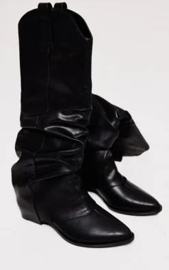 PrettyLittleThing Knee High Boots*Distressed PU Point Toe Fold Over Heeled Knee Western Boots