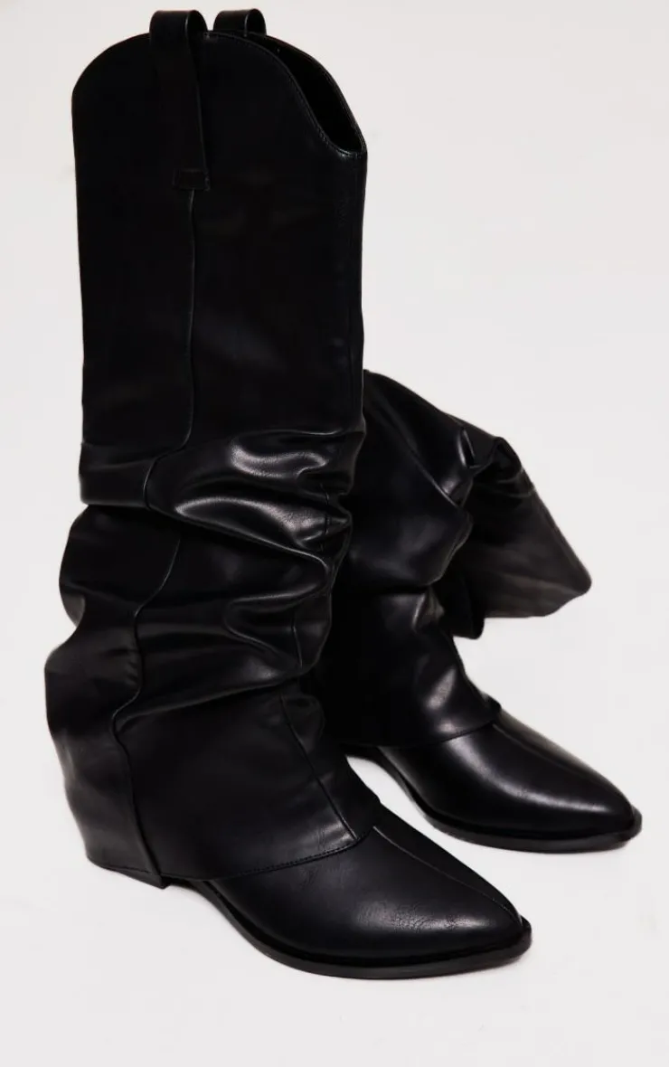 PrettyLittleThing Knee High Boots*Distressed PU Point Toe Fold Over Heeled Knee Western Boots