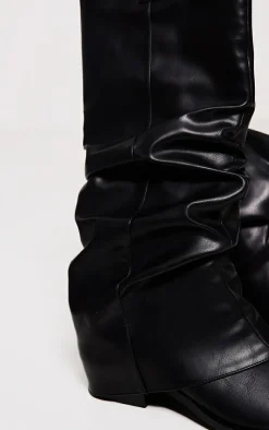 PrettyLittleThing Knee High Boots*Distressed PU Point Toe Fold Over Heeled Knee Western Boots