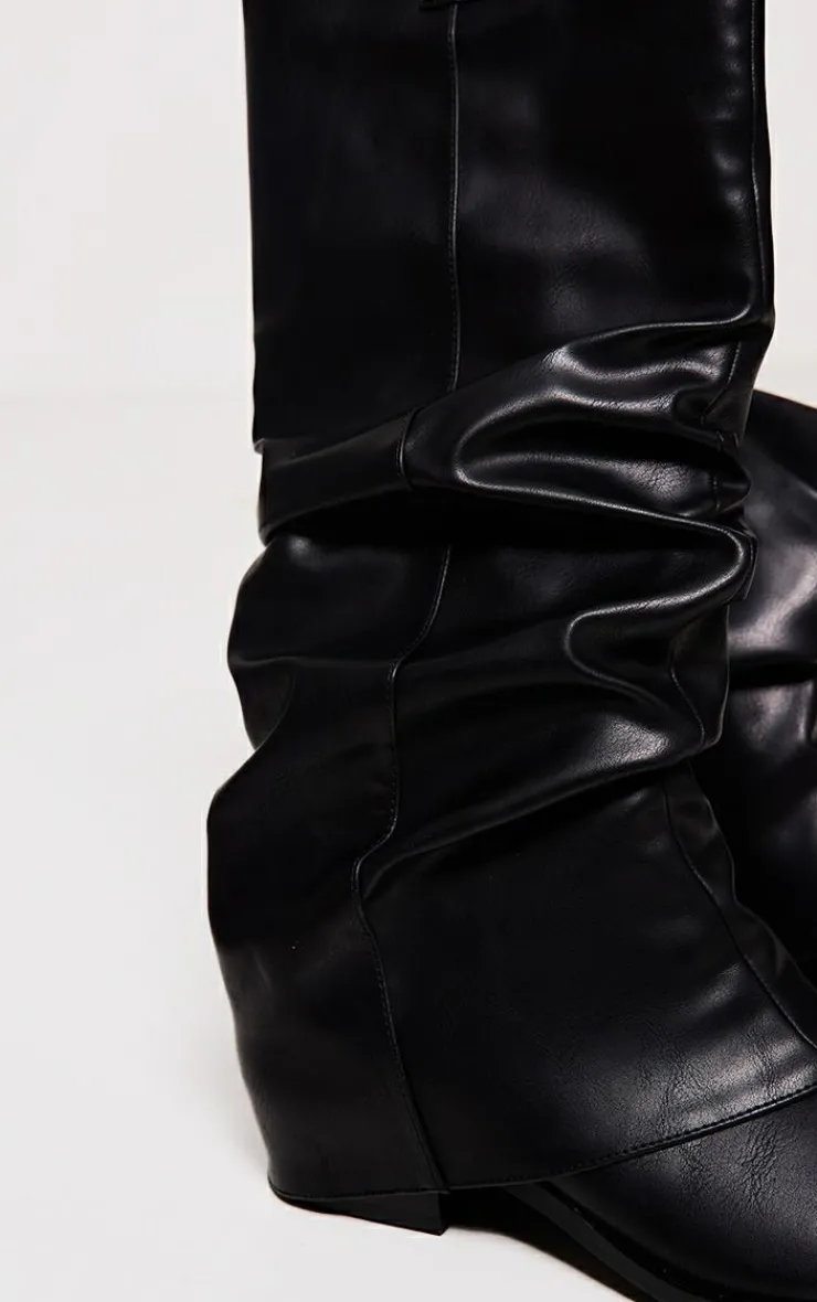 PrettyLittleThing Knee High Boots*Distressed PU Point Toe Fold Over Heeled Knee Western Boots