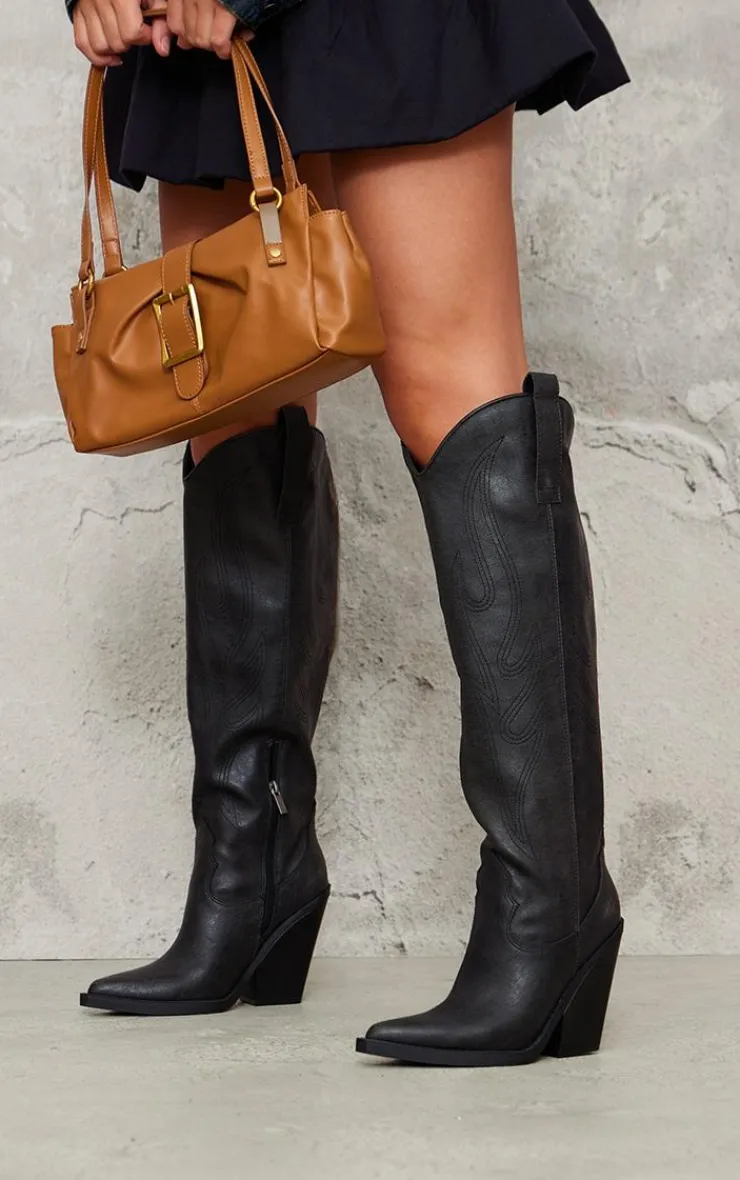PrettyLittleThing Knee High Boots*Distressed PU Point Toe Knee High Block Heel Western Boots