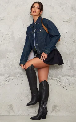 PrettyLittleThing Knee High Boots*Distressed PU Point Toe Knee High Block Heel Western Boots