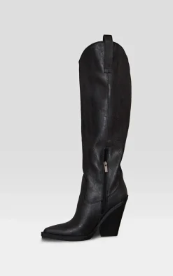 PrettyLittleThing Knee High Boots*Distressed PU Point Toe Knee High Block Heel Western Boots